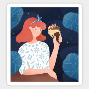 Cute girl with ice cream plants and cats, version 2 Sticker